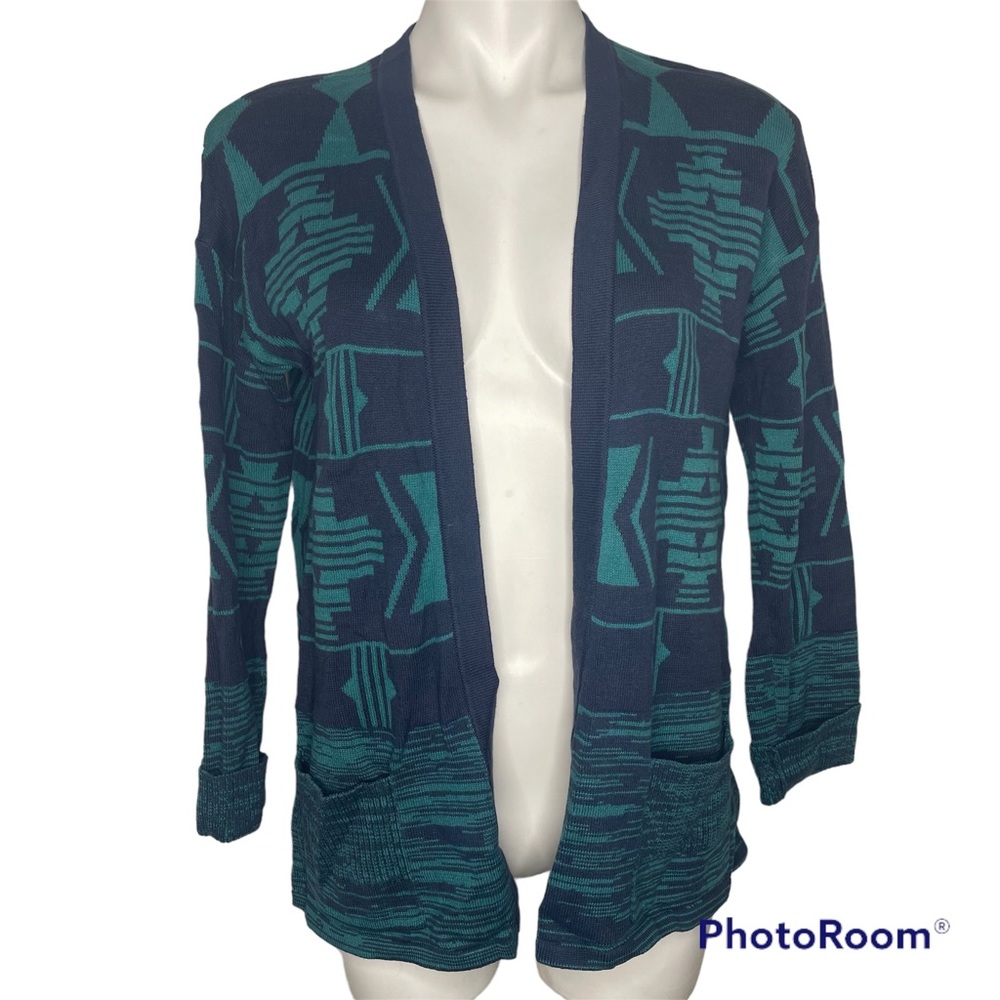 Heather B. Aztec Cardigan Sweater M Blue Teal 3/4 Sleeves Pockets Cotton